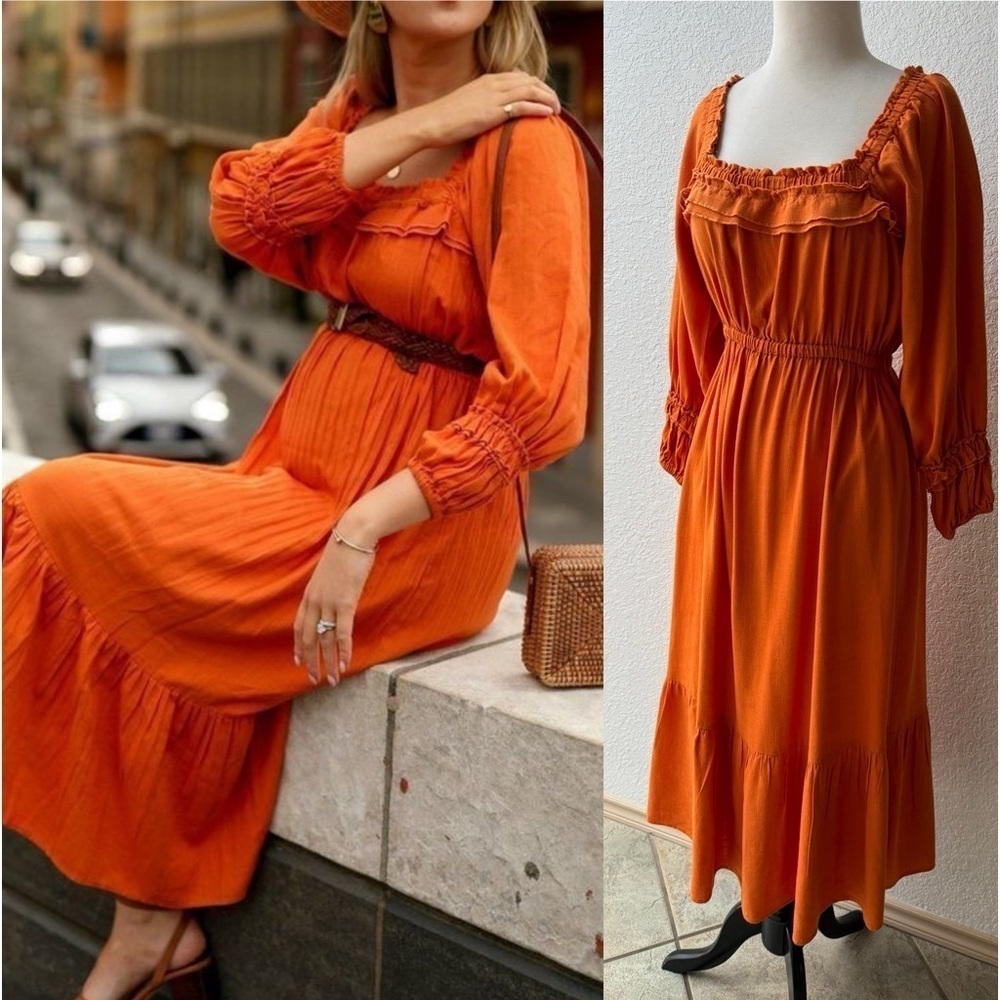 NICHOLAS Prairie Peasant Dress Orange Boho Linen Blend Long Sleeve Size‎ 4